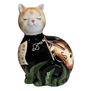 VTG Orange Tabby Cat Coin Bank with Musical Notes Cello/Violin, Ceramic